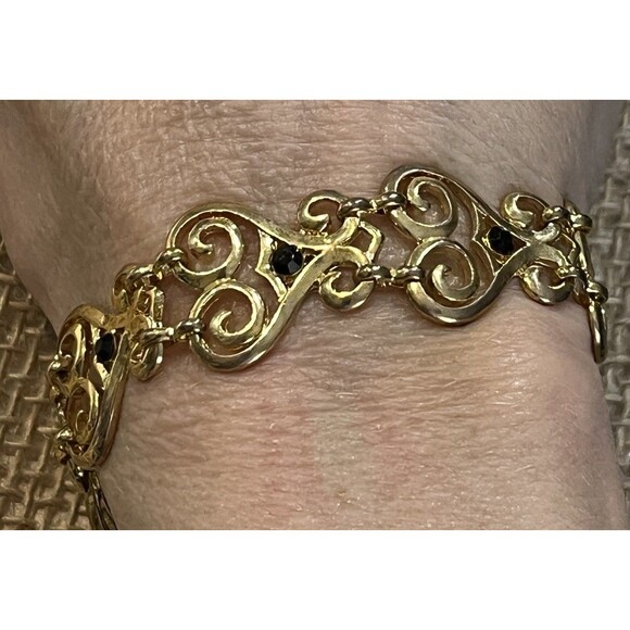 Art Deco Style Gold Tone Black Glass Bracelet Hinged - Picture 1 of 5